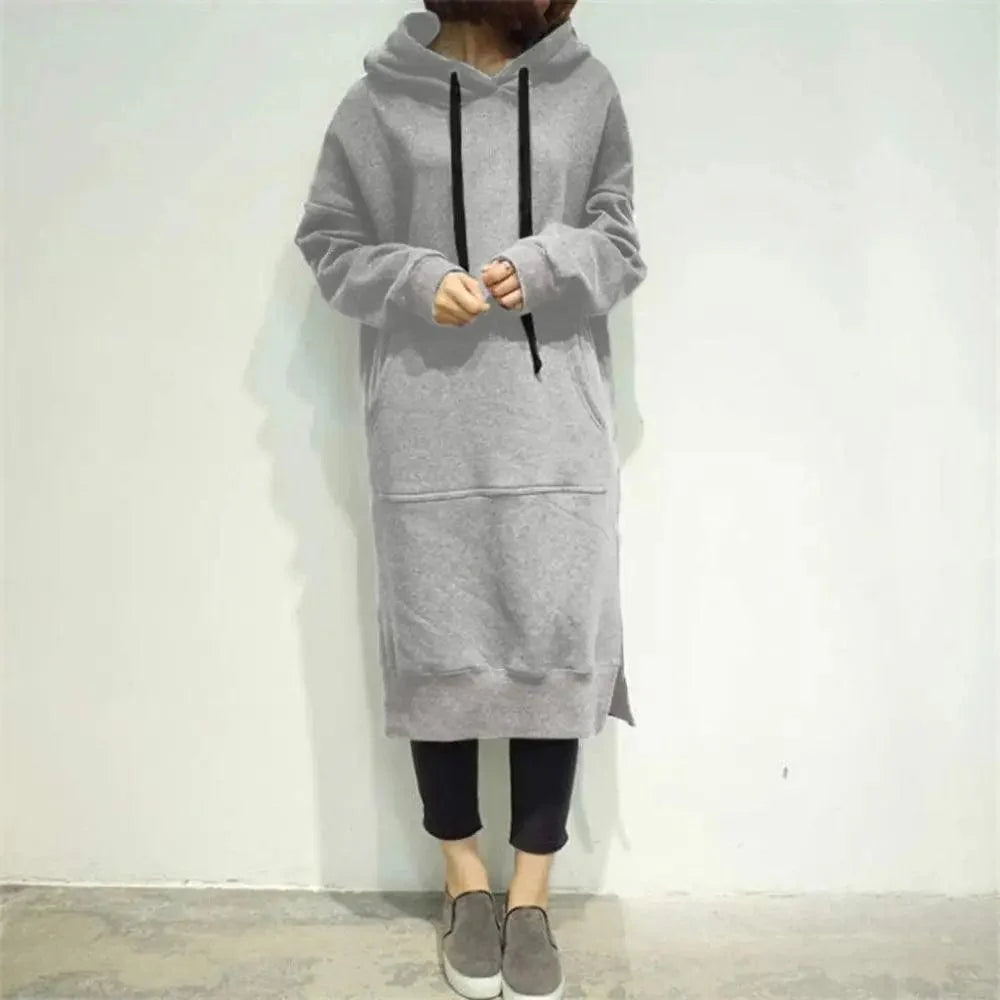 Stevvex women's grey oversized hoodie dress with hood, drawstrings, front pocket on Tampa Home & Garden Store