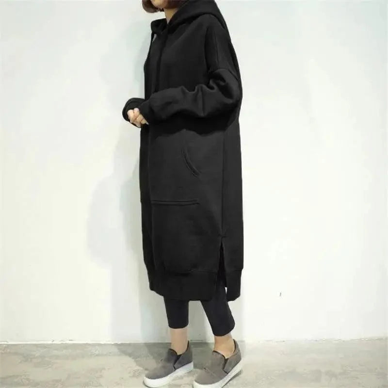 Women's oversized black hoodie dress Stevvex with hood and kangaroo pocket solid color on Tampa Home & Garden Store