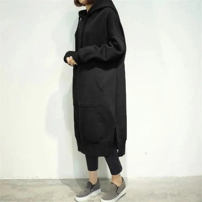 Women's oversized black hoodie dress Stevvex with hood and kangaroo pocket solid color on Tampa Home & Garden Store