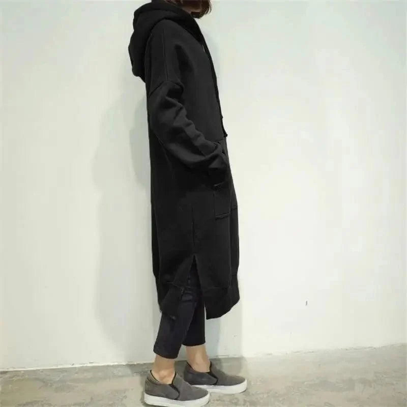Stevvex women's long black hoodie coat with oversized fit and front pockets on Tampa Home & Garden Store