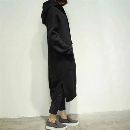 Stevvex women's long black hoodie coat with oversized fit and front pockets on Tampa Home & Garden Store