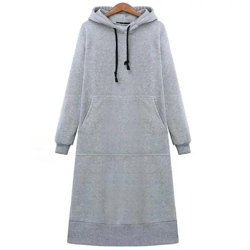 Women’s oversized grey hooded sweatshirt dress with front kangaroo pocket and black drawstrings on Tampa Home & Garden Store