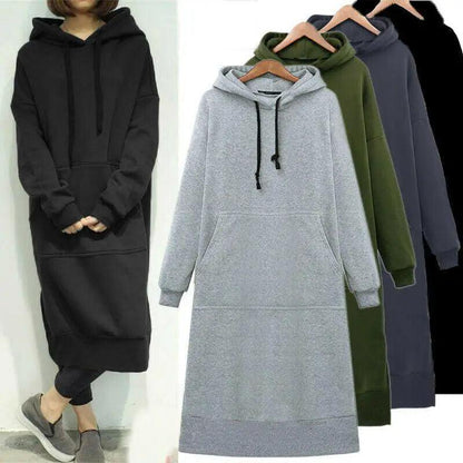 Women Stevvex long hoodie dress set of 5 in gray, olive, navy with drawstring hoods on Tampa Home & Garden Store