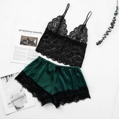 Stevvex 2-piece lace bralette and green satin shorts lingerie set with black lace trim on Tampa Home & Garden Store
