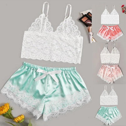 Stevvex 2-piece lace lingerie set: white lace bralette with mint satin shorts on Tampa Home & Garden Store