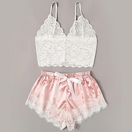 White lace bralette and pink satin lace-trim shorts 2-piece lingerie set by Stevvex on Tampa Home & Garden Store