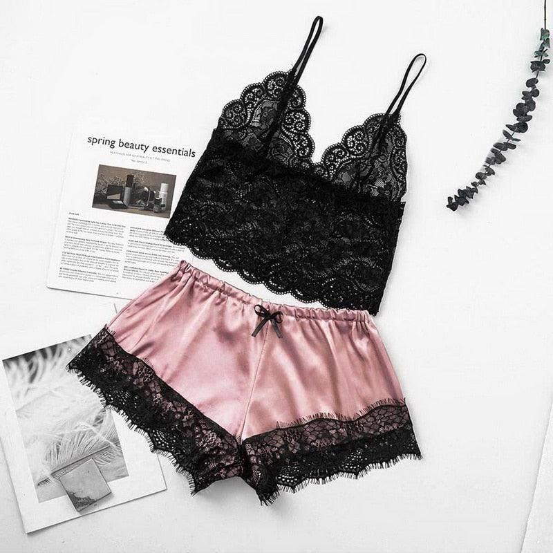 2-piece lace bralette and pink satin shorts lingerie set by Stevvex, black lace trim on Tampa Home & Garden Store