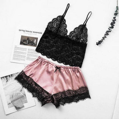 2-piece lace bralette and pink satin shorts lingerie set by Stevvex, black lace trim on Tampa Home & Garden Store