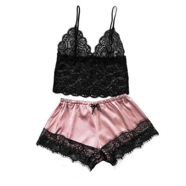 Stevvex lace bralette and pink satin shorts set with black lace trim, 2-piece lingerie on Tampa Home & Garden Store
