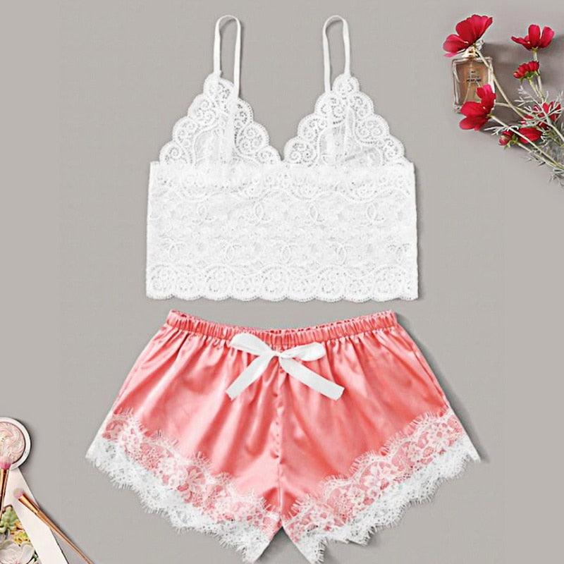 Lace bralette and pink satin shorts set by Stevvex, white lace trim and bow on Tampa Home & Garden Store