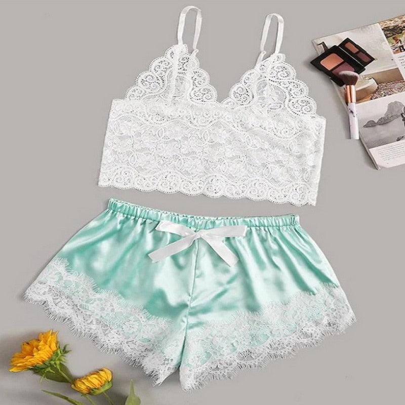 Stevvex two-piece lace bralette and mint satin shorts with white lace trim on Tampa Home & Garden Store