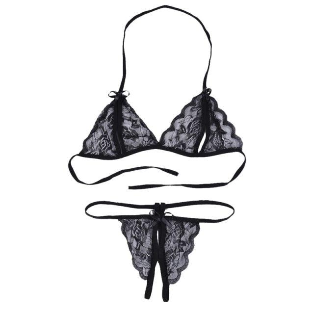 Stevvex black lace bra and thong 2-piece set with scalloped edges and strappy design on Tampa Home & Garden Store