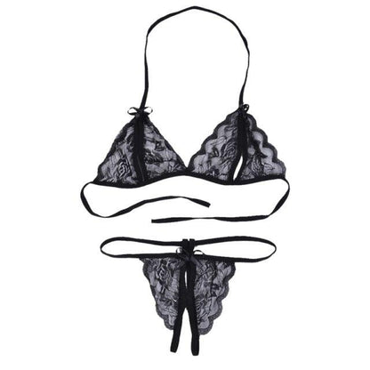 Stevvex black lace bra and thong 2-piece set with scalloped edges and strappy design on Tampa Home & Garden Store