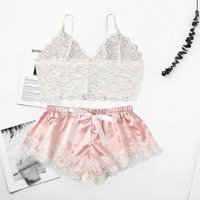 Stevvex lace bralette and pink satin shorts 2-piece lingerie set with white lace trim on Tampa Home & Garden Store