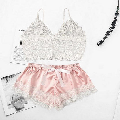 Stevvex lace bralette and pink satin shorts 2-piece lingerie set with white lace trim on Tampa Home & Garden Store
