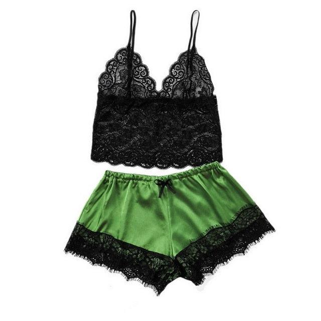 2-piece lace lingerie set Stevvex: black lace bralette and green satin shorts with lace trim on Tampa Home & Garden Store
