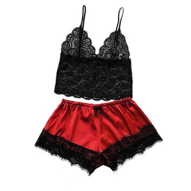 Black lace bralette and red satin shorts two-piece lingerie set with lace trim Stevvex on Tampa Home & Garden Store