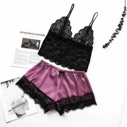 2-piece black lace bralette and purple satin shorts lingerie set on Tampa Home & Garden Store