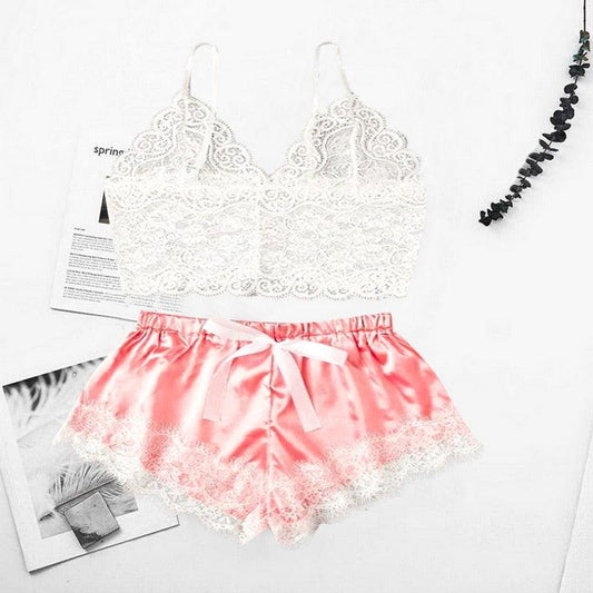 Stevvex lace bralette and pink satin shorts lingerie set, 2-piece with lace trim on Tampa Home & Garden Store