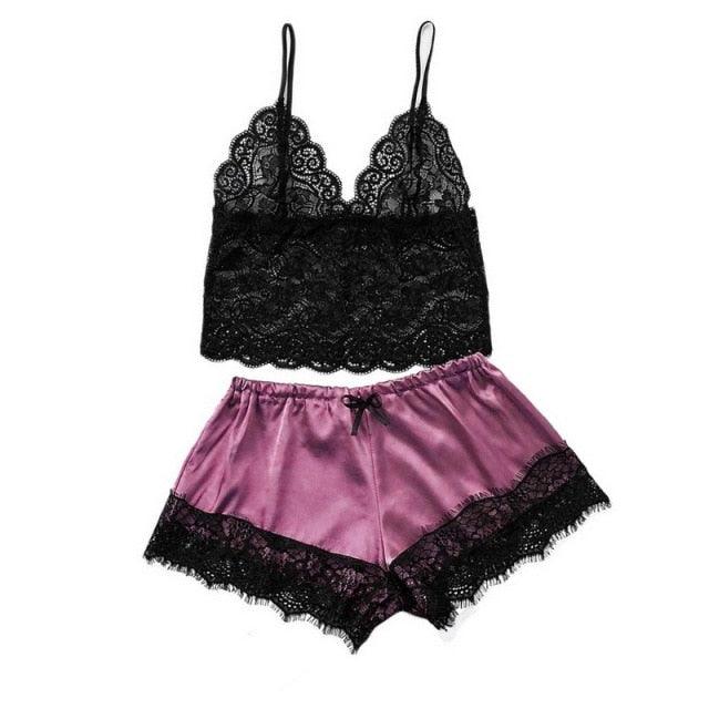 Two-piece lace lingerie set: black lace bralette and purple satin shorts with lace trim on Tampa Home & Garden Store