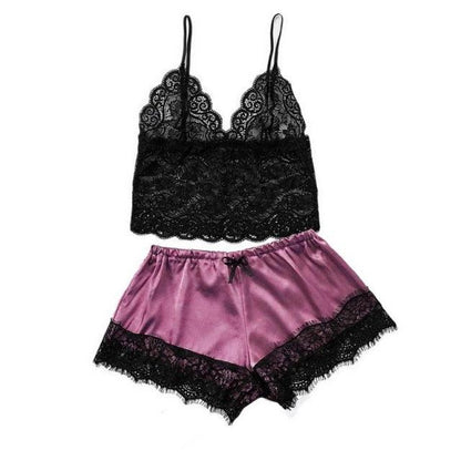 Two-piece lace lingerie set: black lace bralette and purple satin shorts with lace trim on Tampa Home & Garden Store