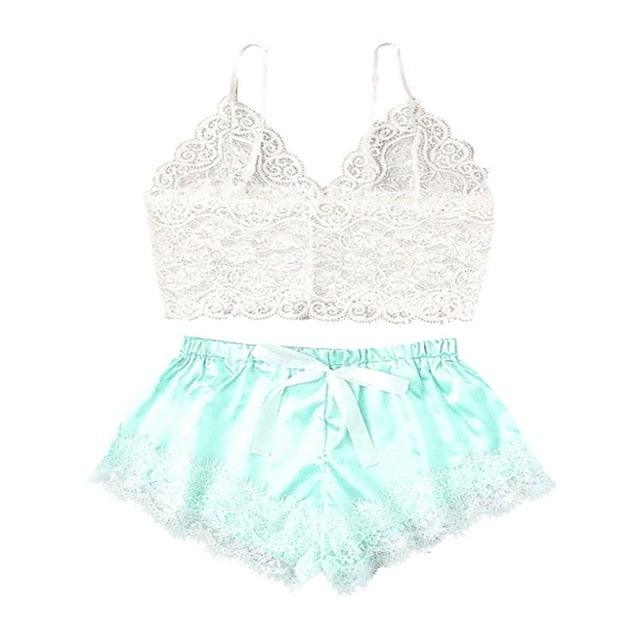 Stevvex white lace bralette and mint green satin shorts 2-piece lingerie set on Tampa Home & Garden Store