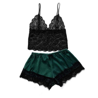 Stevvex lace bralette and green satin shorts 2-piece lingerie with black lace trim on Tampa Home & Garden Store