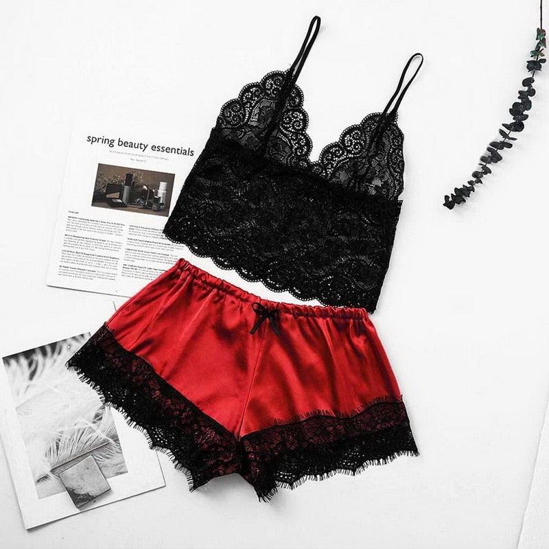 Stevvex lace bralette and red satin shorts 2-piece lingerie set with black lace trim on Tampa Home & Garden Store