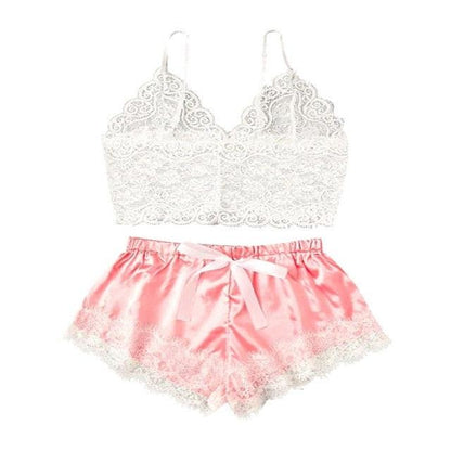 Stevvex white lace bralette and pink satin shorts 2-piece lingerie set on Tampa Home & Garden Store