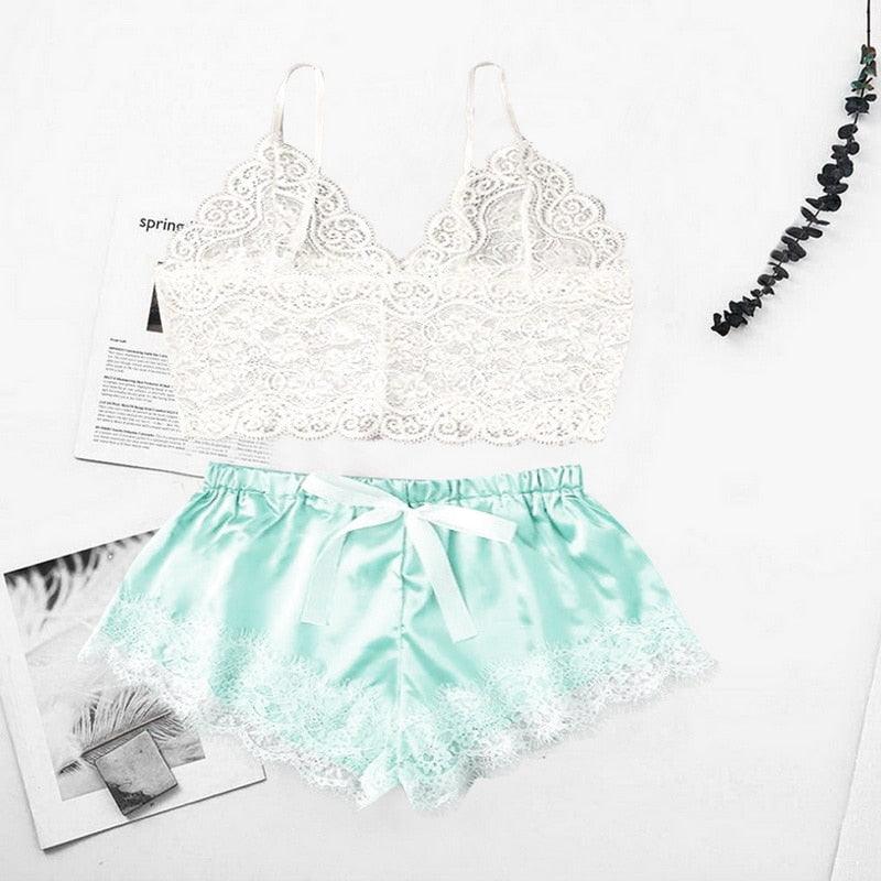 Stevvex lace bralette and satin shorts 2-piece set; white lace crop top and mint turquoise shorts on Tampa Home & Garden Store