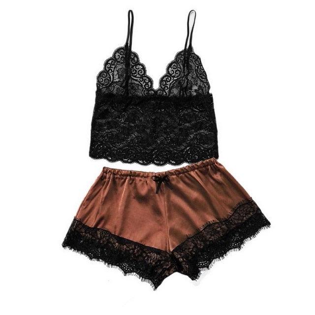 Stevvex women lace bra set with black scalloped lace bralette and brown satin shorts 2-piece on Tampa Home & Garden Store
