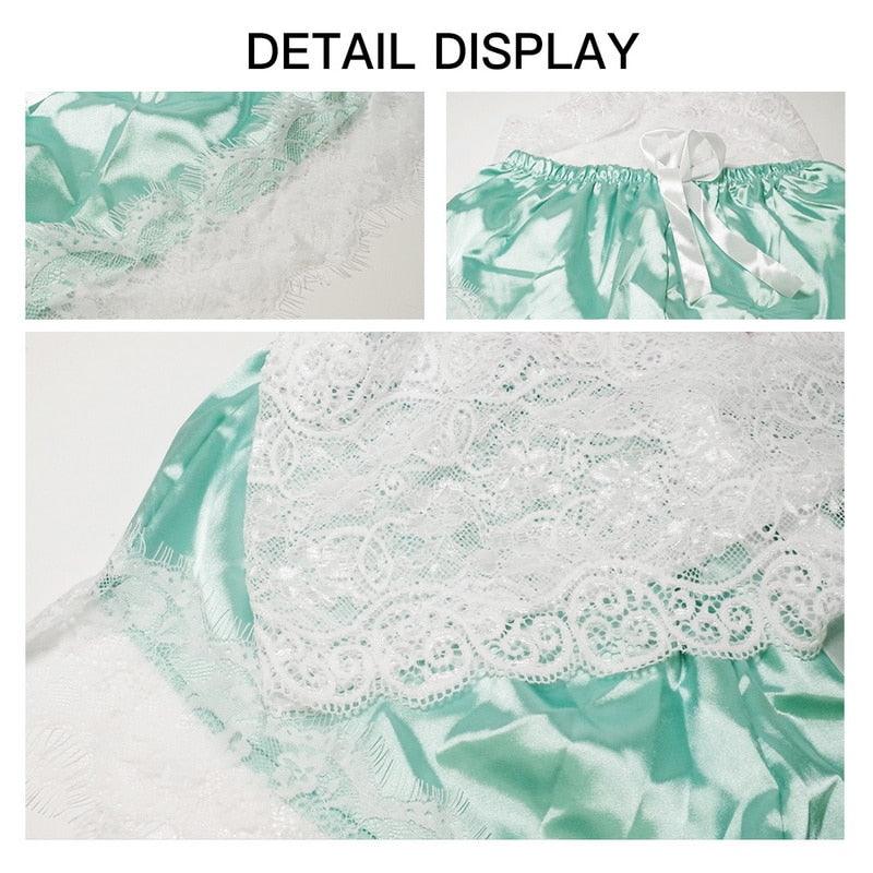 Turquoise satin lingerie set, 2-piece bra and panty with white lace trim and bow on Tampa Home & Garden Store