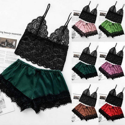 Stevvex Women Luxury Lace Bra Set 2-Piece lingerie with black lace bra and green satin shorts on Tampa Home & Garden Store