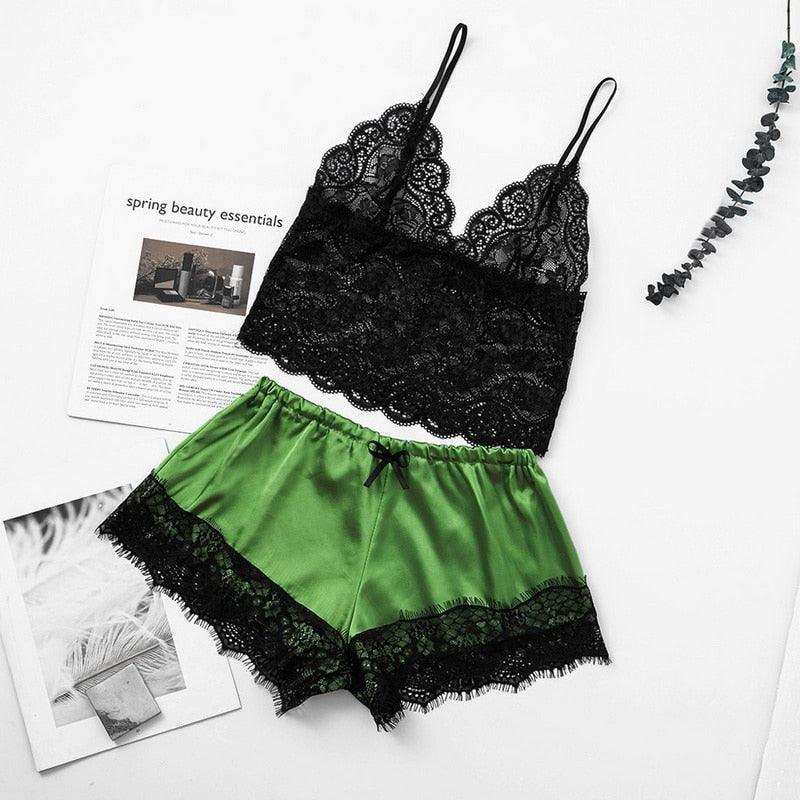 Stevvex women's 2-piece lace lingerie set: black lace bralette with green satin shorts on Tampa Home & Garden Store