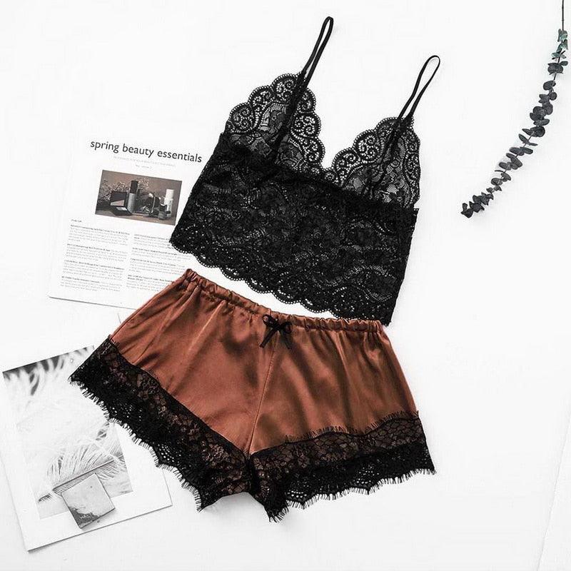 Stevvex lace bralette and satin shorts 2pc lingerie set, black lace top with shorts on Tampa Home & Garden Store