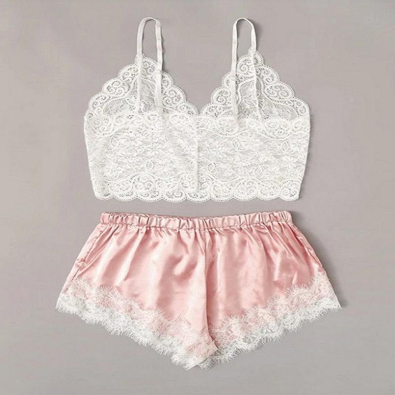 White lace bralette with scalloped edges and pink satin shorts trimmed in lace, 2pc lingerie set on Tampa Home & Garden Store