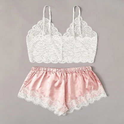 White lace bralette with scalloped edges and pink satin shorts trimmed in lace, 2pc lingerie set on Tampa Home & Garden Store