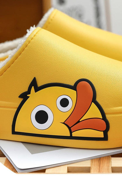 Stevvex yellow EVA slippers with cartoon duck graphic, open-toe, fluffy lining, thick sole on Tampa Home & Garden Store