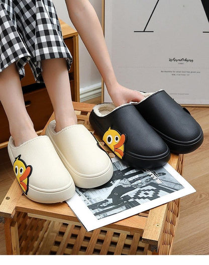 Slippers Stevvex unisex EVA home slippers in cream and black with a duck graphic and plush lining thick sole two color options on Tampa Home & Garden Store