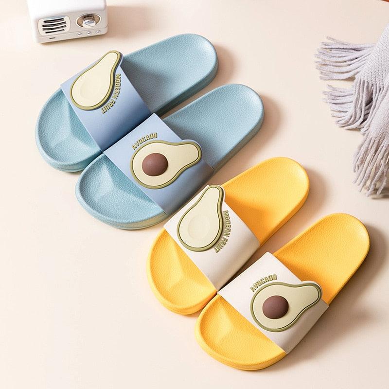 Casual Soft Avocado Flip Flops by Stevvex, two blue yellow sandals with avocado emblem on strap on Tampa Home & Garden Store
