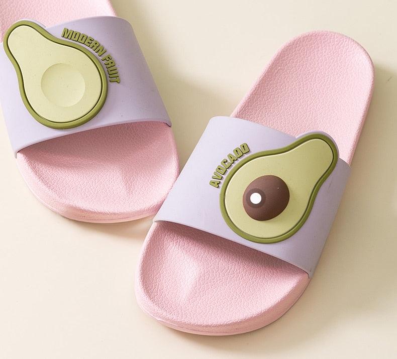 Casual Avocado Flip Flops pink sole lavender strap with avocado motif and seed Stevvex sandals on Tampa Home & Garden Store