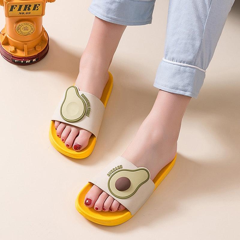 Casual Soft Avocado Flip Flops by Stevvex, beige straps with avocado motif on yellow sole on Tampa Home & Garden Store