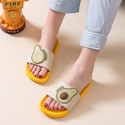 Casual Soft Avocado Flip Flops by Stevvex, beige straps with avocado motif on yellow sole on Tampa Home & Garden Store