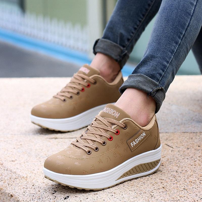 Stevvex tan leather height-increasing flatform sneakers lace-up casual sport pair on Tampa Home & Garden Store