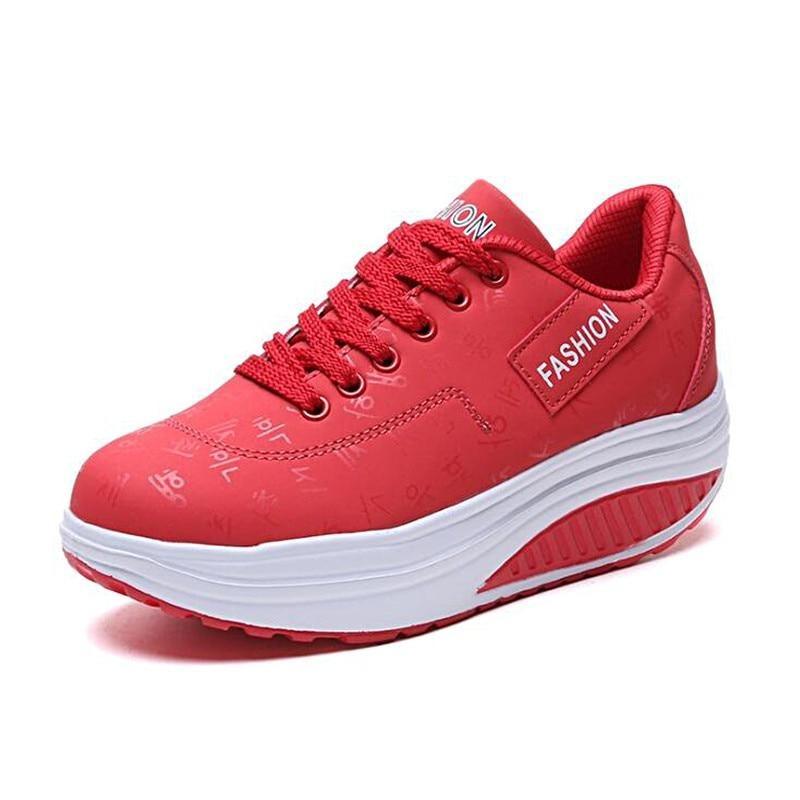 Women red Stevvex fashion sneakers with lace-up design and thick white platform sole on Tampa Home & Garden Store
