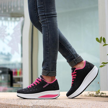 Women's Stevvex black leather sneakers with pink laces and height-flatform platform sole on Tampa Home & Garden Store