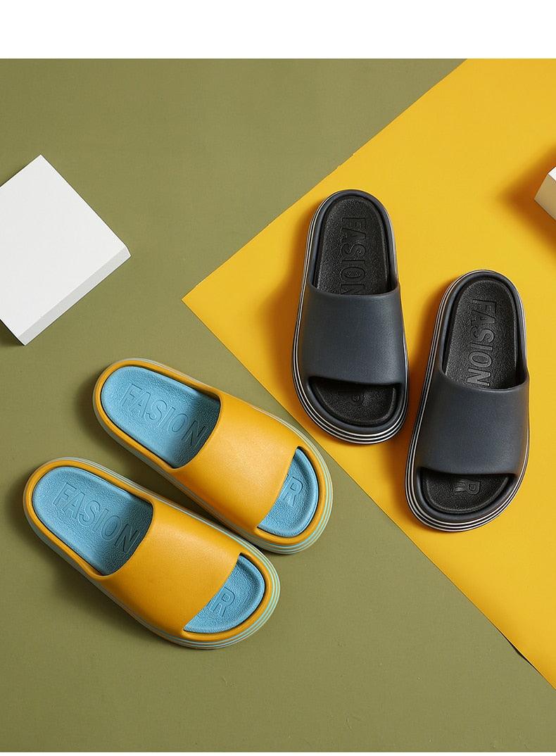 Stevvex women EVA slides with thick non-slip soles; yellow/blue & black, 4 pairs on display on Tampa Home & Garden Store