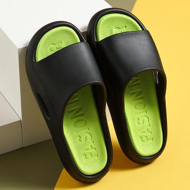 Stevvex two outdoor slides with black EVA upper and lime insoles, thick non-slip sole on Tampa Home & Garden Store