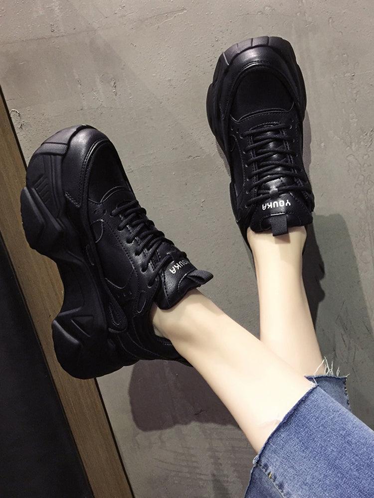Stevvex Women Platform Sneakers Leather black chunky sole lace-up pair on Tampa Home & Garden Store
