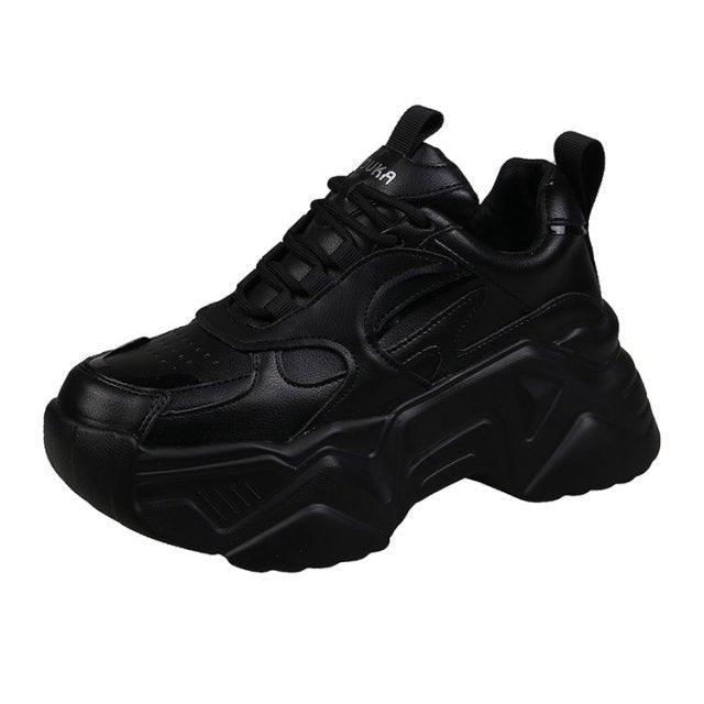 Women platform sneakers by Stevvex, black leather, chunky sole lace-up on Tampa Home & Garden Store